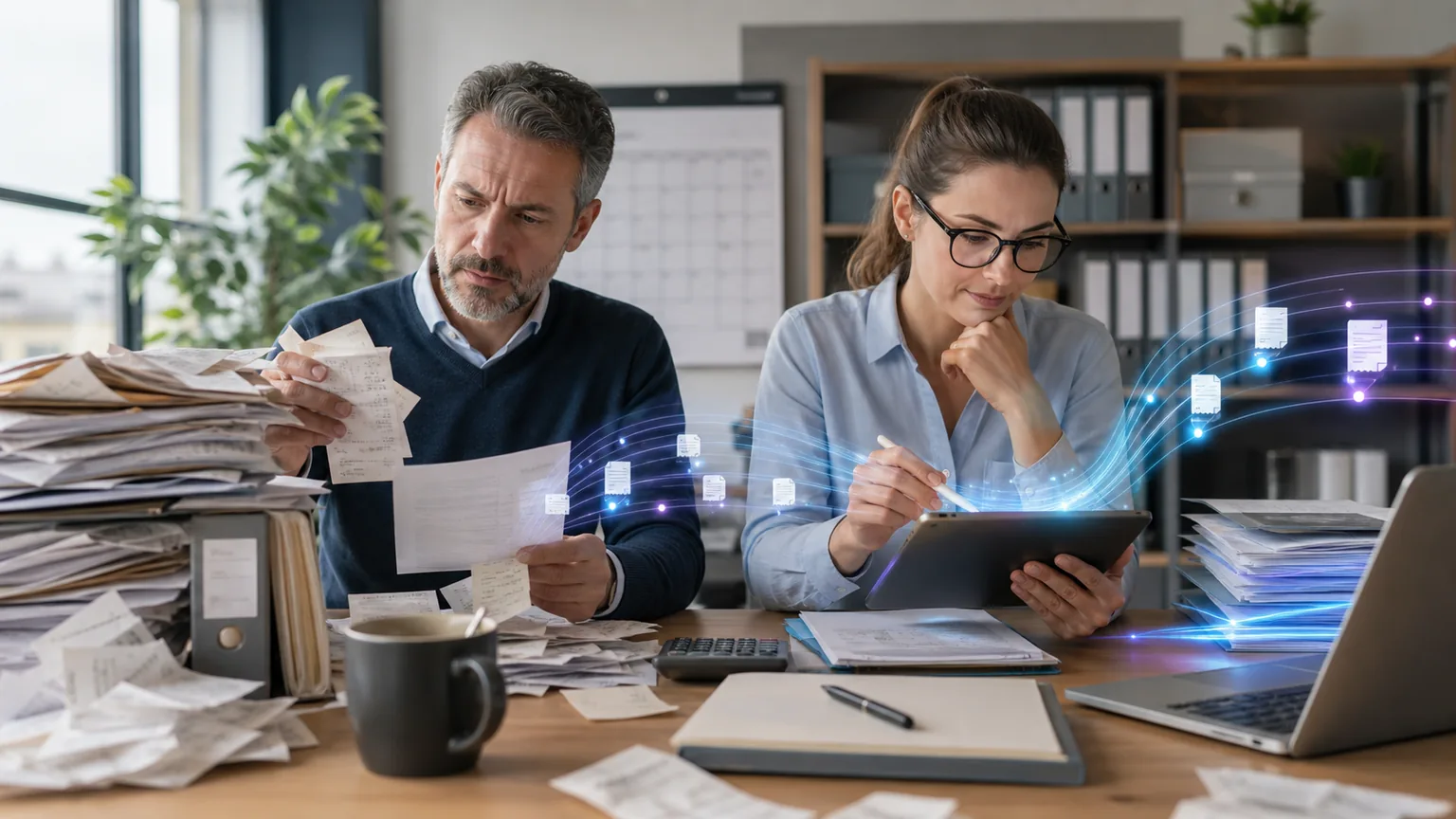 Steuerkanzlei in der Fristenwoche mit Papierstapeln und digitaler Sortierung
