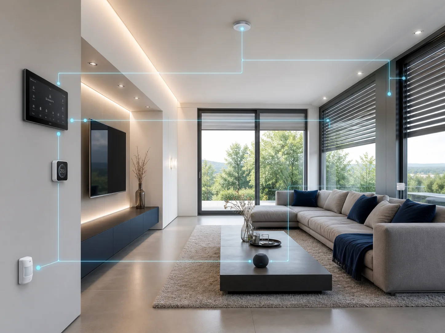 Vernetzter Wohnraum mit Touchpanel, Thermostat, Präsenzsensor, Beleuchtung und automatisierter Beschattung