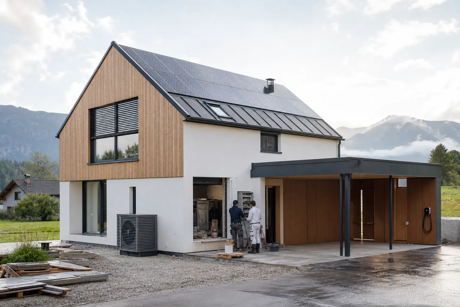 Visualisierung eines alpinen Neubaus in Österreich während der Bauphase mit Photovoltaik, Wärmepumpe, Wallbox und Fachhandwerkern