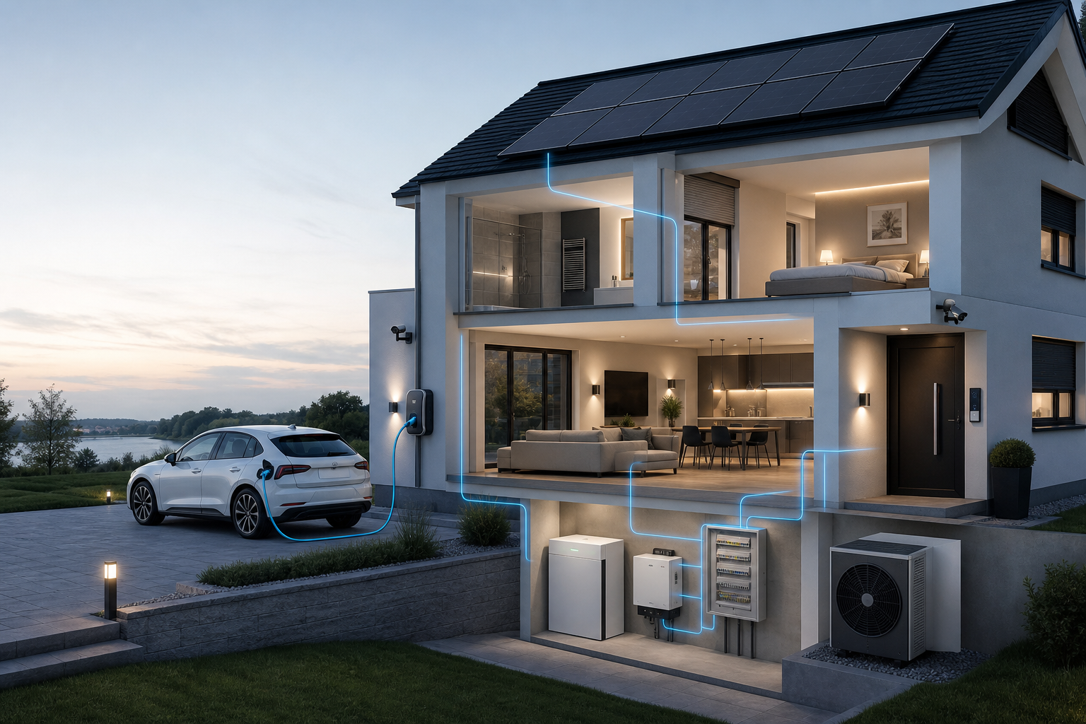 Vernetztes Energiesystem eines Wohnhauses mit Photovoltaik, Stromspeicher, Wärmepumpe, Wallbox, Sicherheit und Smart-Home-Technik